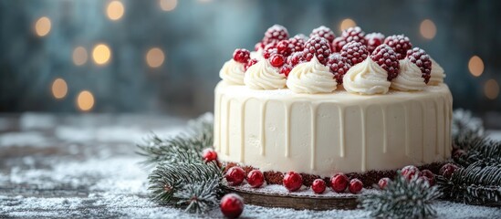 Aufkleber - Festive white Christmas cake adorned with red berries and cream on a rustic table surrounded by pine branches and warm holiday lights