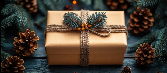 Aufkleber - Rustic Christmas New Year gift box arrangement with fir branches and pine cones on weathered wooden backdrop flat lay with space for text