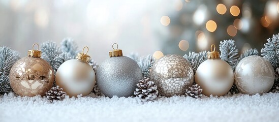 Poster - Elegant Christmas decoration with silver and white ornaments and pinecones on snowy surface against blurred tree and soft bokeh lights.