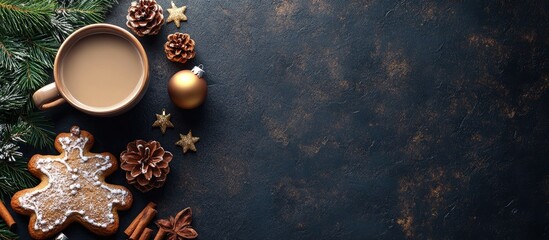 Aufkleber - Cozy Christmas scene with coffee cup gingerbread pine branches ornaments and cinnamon on dark textured background room for text