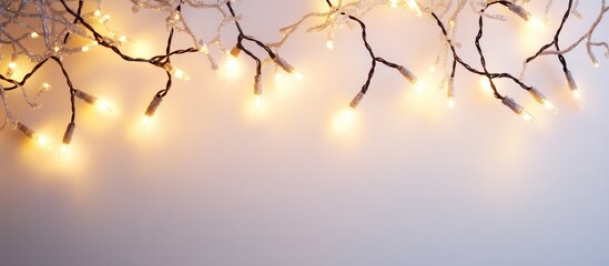 Poster - Warm white Christmas string lights elegantly arranged on a clean white background creating a festive atmosphere for holiday designs and decorations