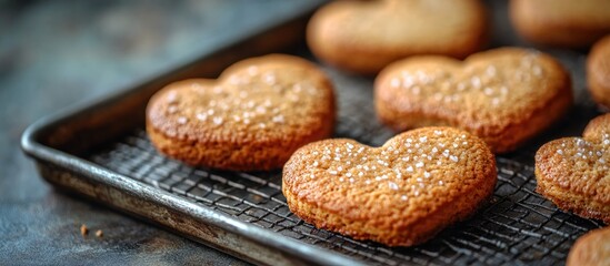 Aufkleber - Heart shaped cookies on a rustic metal tray highlighting homemade festive treats perfect for celebrations and expressions of love