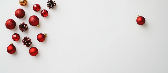 Poster - Festive Christmas ornaments and pine cones arranged on a white background for a cheerful holiday greeting card design
