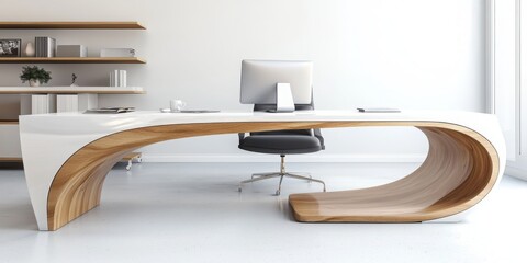 Poster - Embrace modern minimalism curved elements in contemporary workspace design home office visual inspiration bright environment aesthetic perspective