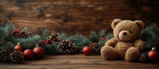 Poster - Nostalgic Christmas scene with teddy bear fir branches ornaments and pinecones on wooden backdrop ideal for seasonal greetings and celebrations