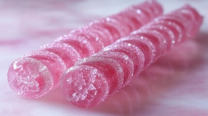 Aufkleber - Pink spiral gummy candy sticks with a glossy finish arranged beautifully on a pastel background showcasing their texture and color.