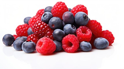 Poster - Fresh raspberries and blueberries arranged beautifully on a bright white background ideal for healthy eating and culinary purposes