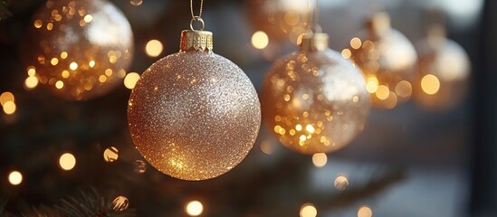 Poster - Christmas tree ornaments with a warm festive glow illuminated by garland lights creating a joyful holiday atmosphere.
