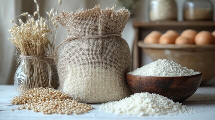 Poster - Natural grains and flour in a rustic setting with spikelets and eggs highlighting traditional food preparation and organic ingredients