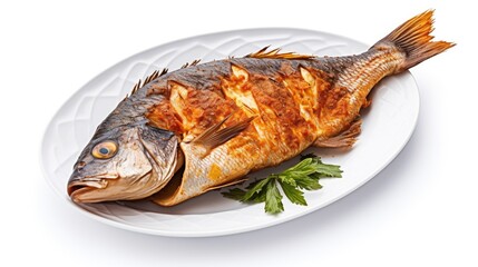 Poster - Whole fried fish on a decorative plate garnished with fresh herbs isolated on a white background for culinary presentations