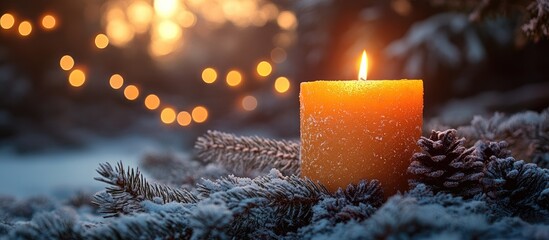 Poster - Handmade wax candle glowing on snowy pine branches with warm garland lights creating a cozy winter ambiance at sunset