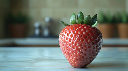 Poster - Fresh ripe strawberry with green leaves on white marble countertop showcasing healthy fruit in natural light.