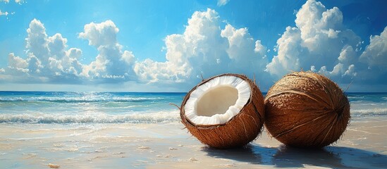 Leinwandbilder - Coconuts on a sandy beach with a serene ocean and blue sky backdrop creating a tropical paradise atmosphere