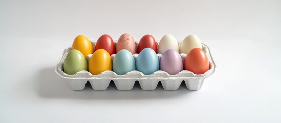 Aufkleber - Colorful painted Easter eggs arranged in a carton tray on a clean white background perfect for holiday decorations and spring celebrations