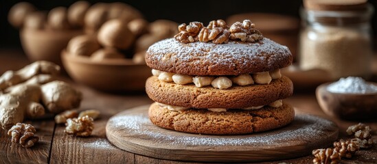Poster - Homemade ginger nut cookies with sweet sugar powder and walnuts on a rustic wooden table showcasing the essence of traditional baking.
