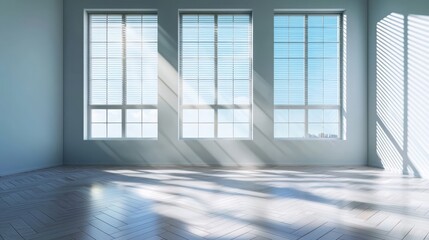 Poster - Basking in natural light minimalist interior design with sunlight through blinds herringbone flooring and wall features