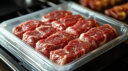 Poster - Sliced fresh pork meat ready for barbecue displayed on a white plate in a plastic tray showcasing its quality and freshness.
