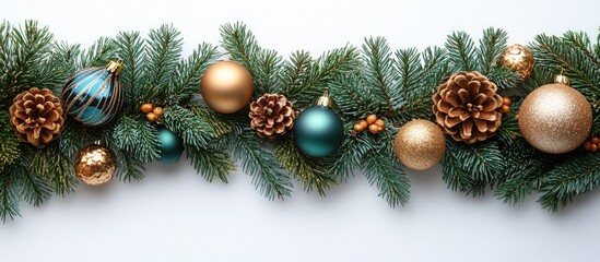 Aufkleber - Green and gold Christmas decoration with pine cones and ornaments on a festive white background for holiday themes and seasonal designs