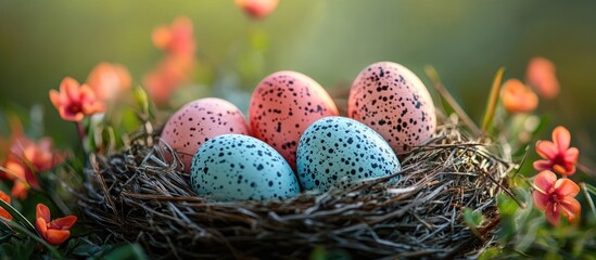 Aufkleber - Easter egg arrangement in a nest surrounded by flowers creating a festive and cheerful spring atmosphere