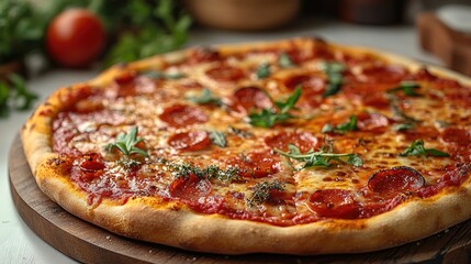 Aufkleber - Delicious pepperoni pizza garnished with fresh herbs presented on a rustic wooden board with vibrant ingredients in the background