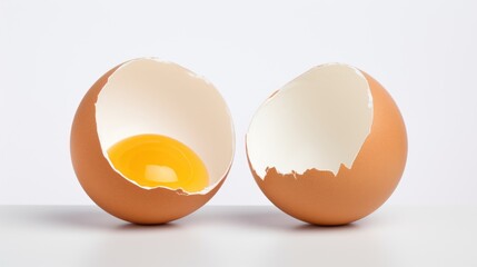 Poster - Brown chicken eggshell halves with a visible yolk on a clean white background showcasing the freshness of egg products.