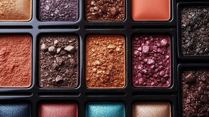Aufkleber - Cosmetic palettes in various shades arranged neatly on a white background showcasing vibrant colors and textured finishes for beauty enthusiasts