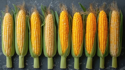 Poster - Freshly harvested corn cobs arranged in a row showcasing golden and yellow kernels on a dark textured surface