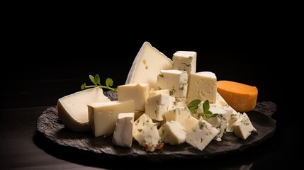 Poster - Artfully arranged cured sheep cheese pieces on a slate platter showcasing variety and texture against a dark background.