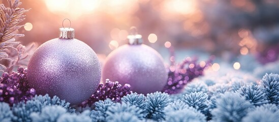 Aufkleber - Elegant Christmas scene with shimmering white and purple ornaments surrounded by frosted pine branches and a warm glowing background
