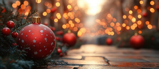 Poster - Festive Christmas ornament with blurred lights in the background creating a warm holiday atmosphere and inviting copy space for greetings