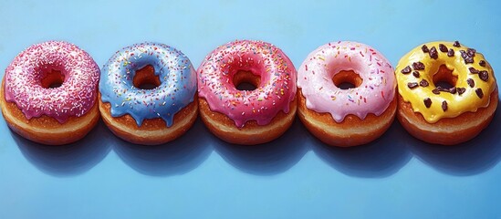 Poster - Colorful donuts arranged on a vibrant blue background showcasing various frosting and sprinkles tempting for dessert lovers and sweet enthusiasts.