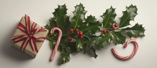Poster - European holly green leaves with red berries next to candy cane and gift box in festive holiday arrangement