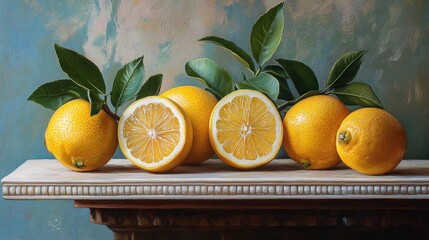 Poster - Freshly cut lemons arranged artistically on a wooden shelf with vibrant green leaves against a softly colored background