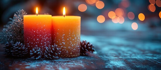 Aufkleber - Warm festive candles with pine cones on rustic table illuminated by colorful lights creating a cozy holiday atmosphere for seasonal greetings