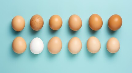 Poster - Diverse array of eggs arranged in a flat lay on a blue background symbolizing nutrition and food diversity