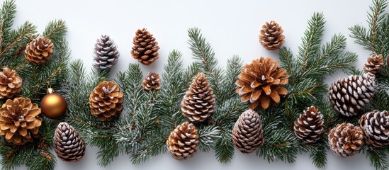 Aufkleber - Elegant Christmas decorations featuring pine cones and evergreen branches arranged on a clean white background for festive appeal.