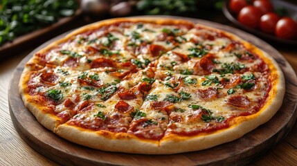 Aufkleber - Aerial view of classic Italian pizza topped with pepperoni and herbs on a rustic wooden surface with fresh ingredients in the background