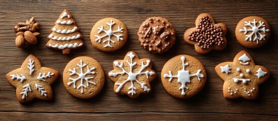 Aufkleber - Christmas cookies decorated with icing and nuts displayed on a rustic wooden table for a festive holiday theme