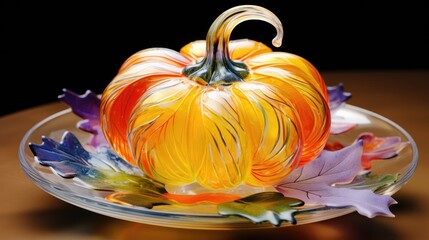 Poster - Colorful pumpkin centerpiece on a glass plate resembling a blooming flower with vibrant autumn leaves in a decorative arrangement