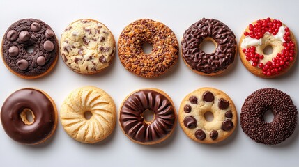 Aufkleber - Assorted delicious donuts with various toppings and fillings arranged on a light surface tempting treat for dessert lovers