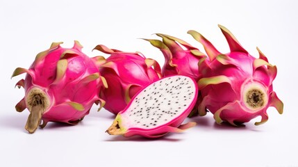 Poster - Vibrant dragon fruit assortment displayed against a clean white background showcasing its unique colors and textures