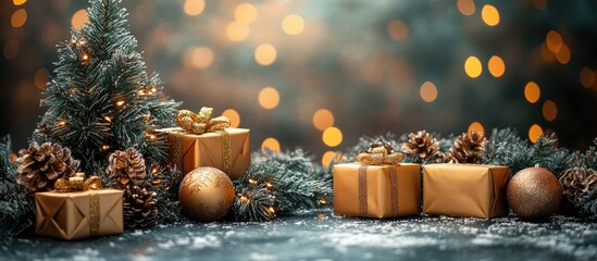 Aufkleber - Elegant Christmas scene with decorated tree presents pine cones and soft bokeh lights creating a festive holiday atmosphere.