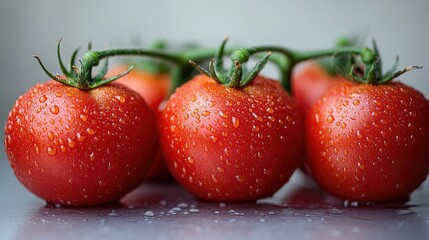 Poster - Fresh ripe tomatoes adorned with water droplets against a clean white background showcasing their vibrant color and texture.