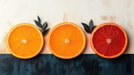 Poster - Three colorful citrus fruit segments arranged with leaves on a minimalistic background ideal for food and health themed designs
