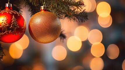 Aufkleber - Christmas tree ornaments in focus with blurred bokeh background creating a festive and warm holiday atmosphere for seasonal imagery
