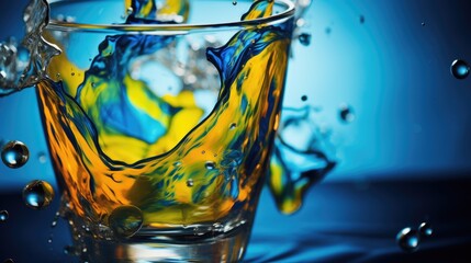 Poster - Distorted Blue and Yellow Patterns Through a Glass of Water with Liquid Chlorophyll Abstract Colorful Splash Effect