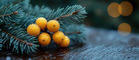 Poster - Close up of a pine branch with golden berries on a wooden surface blurred background ideal for seasonal decoration concepts