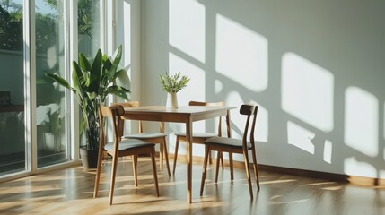 Poster - Creating a minimalist dining setup abstract decor in a bright white environment for modern living spaces