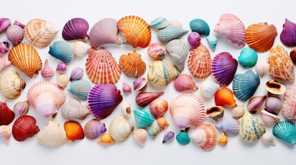 Poster - Vibrant assortment of colorful sea shells arranged artistically on a clean white background showcasing natural beauty and diversity.
