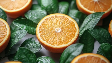 Poster - Sliced fresh oranges surrounded by green leaves creating a vibrant and refreshing composition on a light background